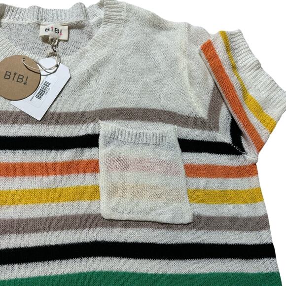 Women’s BiBi Size Large Multicolor‎ White Stripe Short T-shirt Sheer Sleeve New - Picture 3 of 7